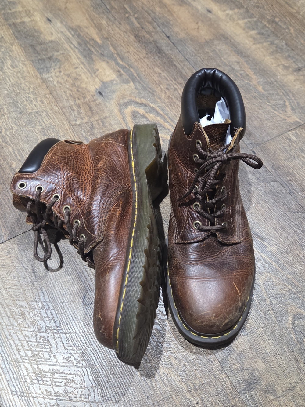 Dr. Martens Brown Leather Lace-Up Work Boots with Yellow Stitching
